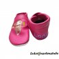 Preview: Lederpuschen pink, mit Namen beiderseits Ferse (lila) und beiderseits Stickerei Faultier (cappuccino)